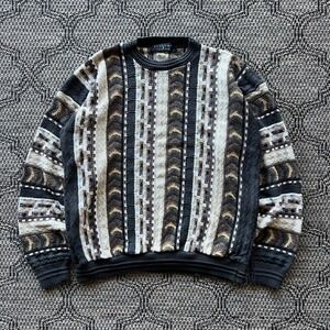 Vintage Protege Sweater Mens Medium Grey Tan Geometric Knit 3D 90s Coogi Style